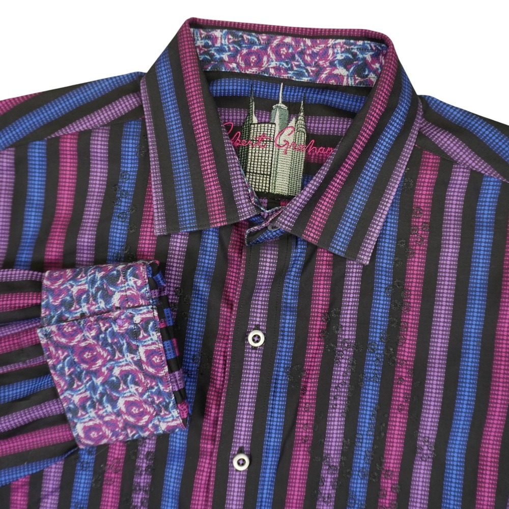 Robert Graham Button Up Shirt Mens XL Purple Blue Striped Flip Cuff Multicolor